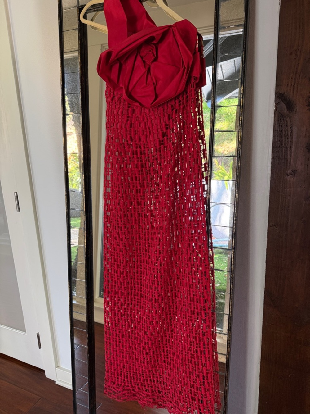 Red Crochet Maxi Dress with Rosette Detail (comes with separate skirt liner)